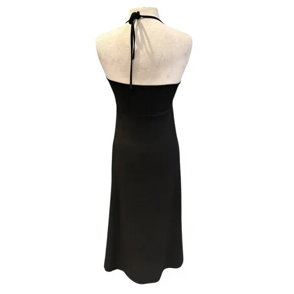 Black Halter Midi Dress With Adjustable Tie Back & Deep V-Neckline 95% Polyester - Picture 3 of 10